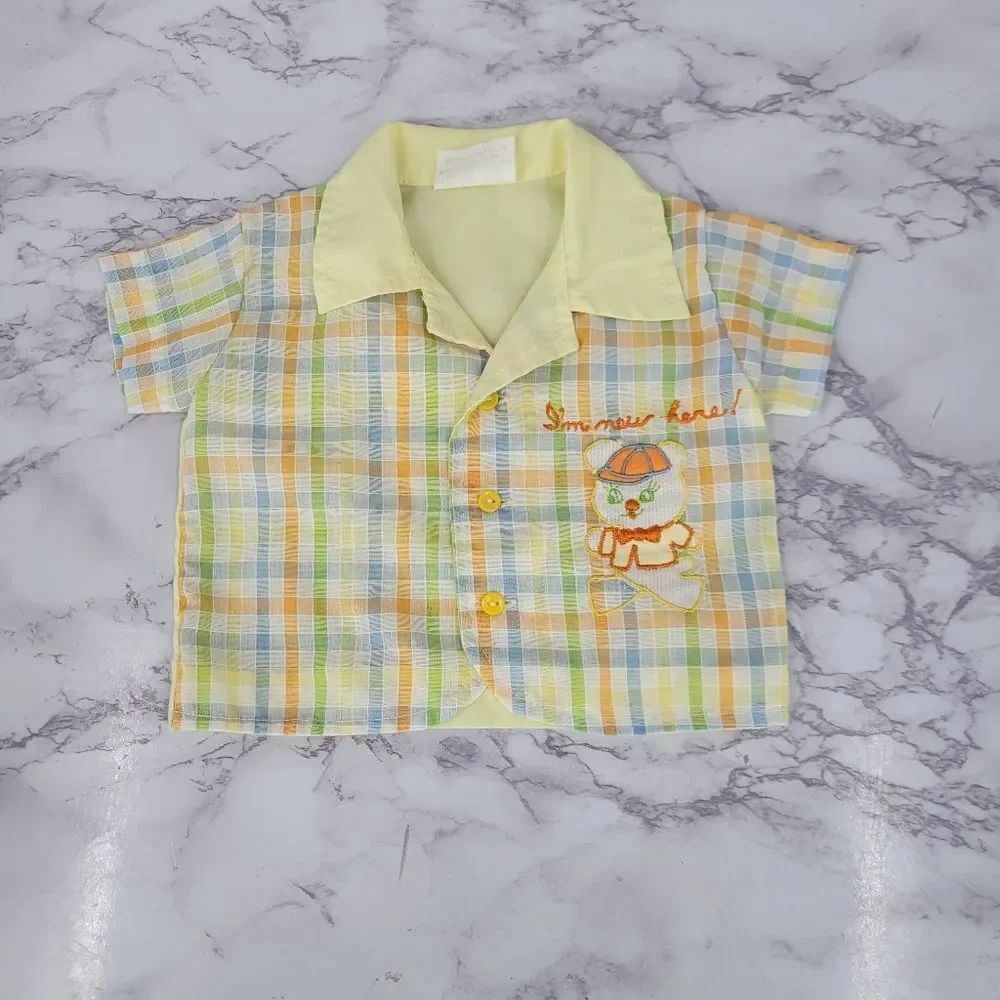 Vintage Newborn Button Down Shirt Yellow Plaid Embroidered Bear